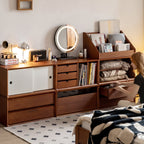 Stackable Modular Bookcase Cube, Low Wood Storage Cabinet with Drawers, Sliding Doors or Record Slots