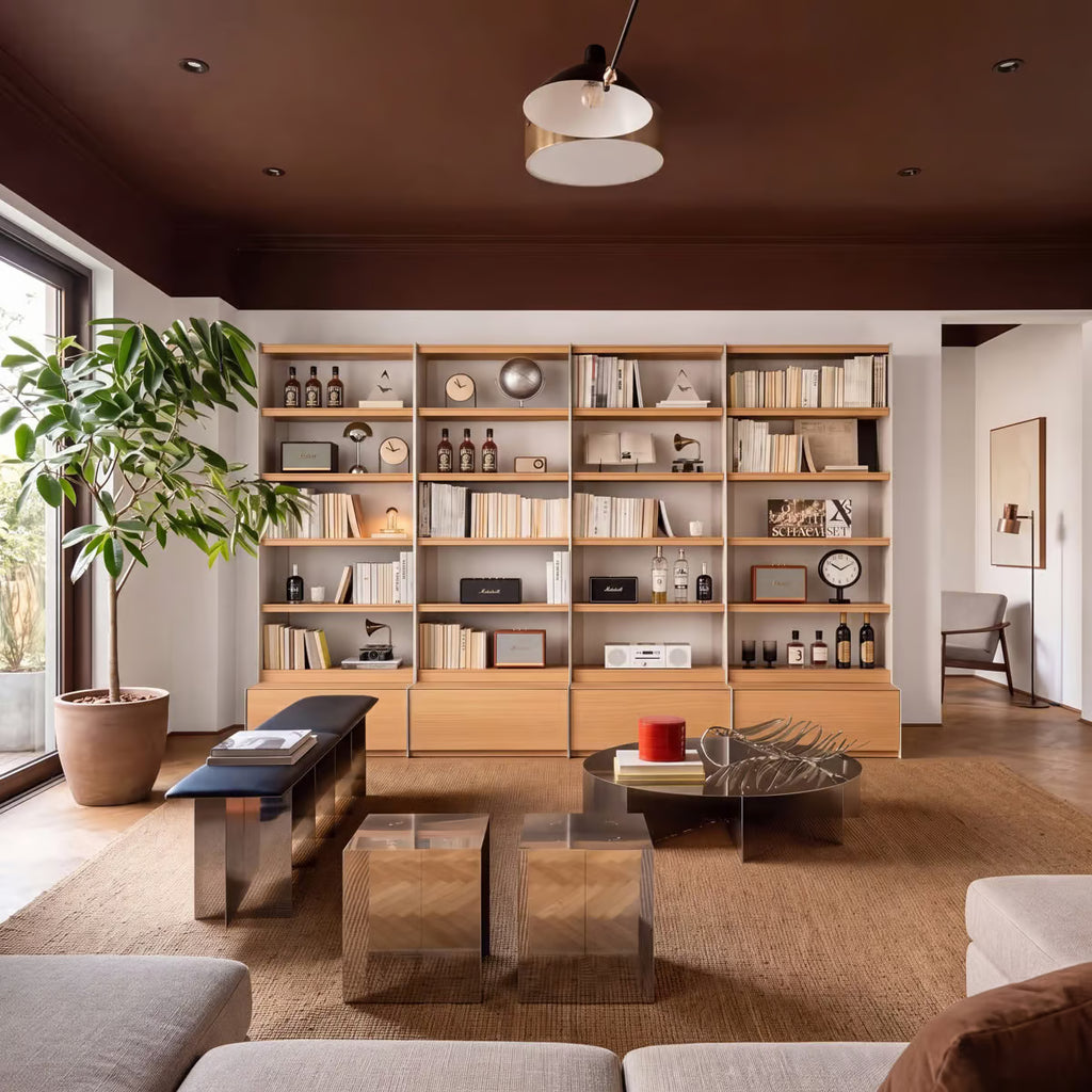 Iso Tall Bookshelf with Drawers, White Oak Veneer and Carbon Steel Open Back Bookcase