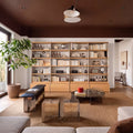 Iso Tall Bookshelf with Drawers, White Oak Veneer and Carbon Steel Open Back Bookcase