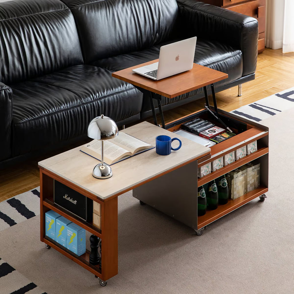 Side view of a lift top coffee table with a laptop on the raised top and a lamp below