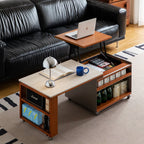 Side view of a lift top coffee table with a laptop on the raised top and a lamp below