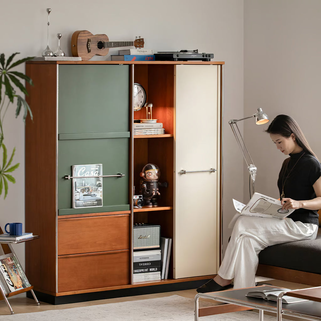 Sliding Door Cabinet, Mid Century Solid Wood Display Cabinet with Adjustable Shelves