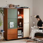 Sliding Door Cabinet, Mid Century Solid Wood Display Cabinet with Adjustable Shelves