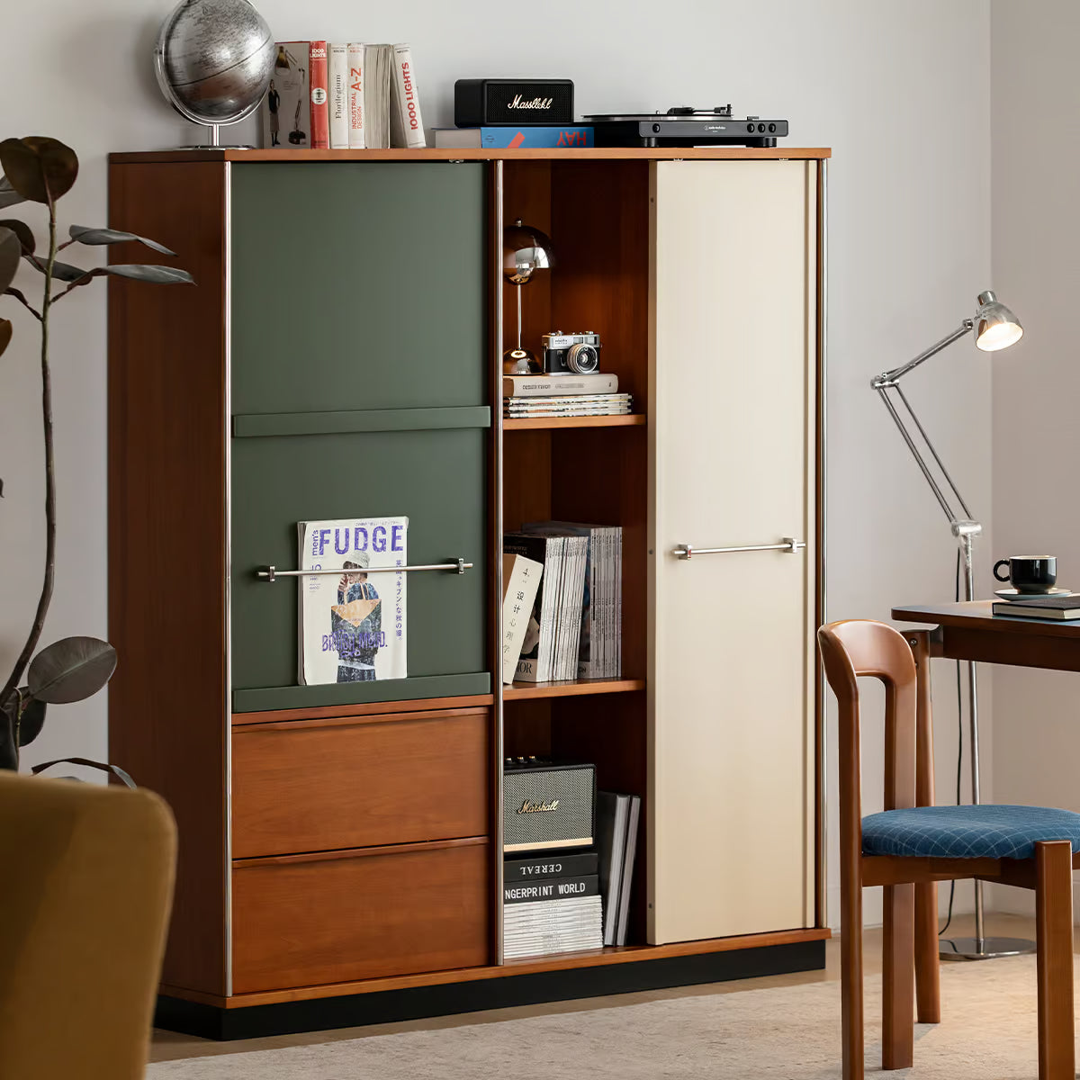 Sliding Door Cabinet, Mid Century Solid Wood Display Cabinet with Adjustable Shelves