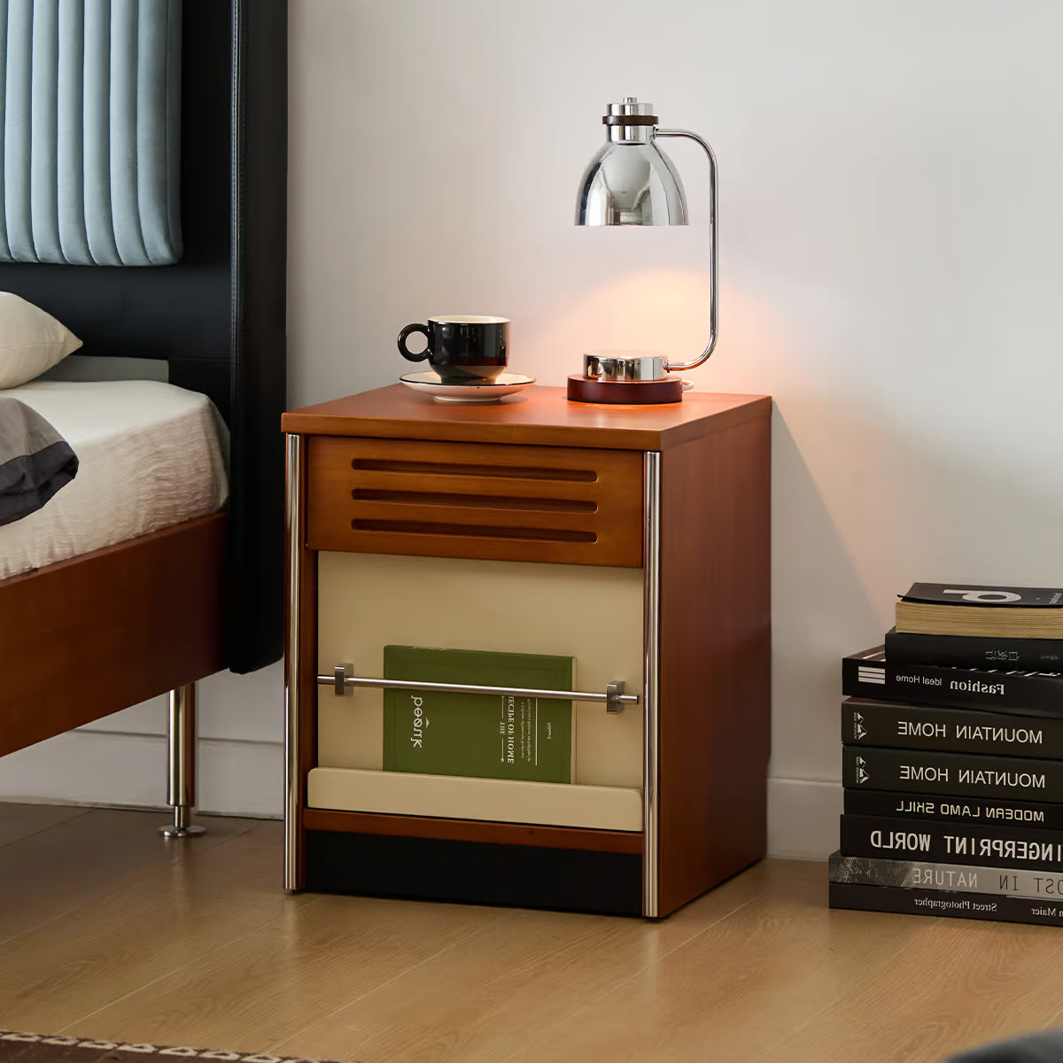 Solid Wood Nightstand with Drawer, Mid Century Bedside Table with Flip Down Door