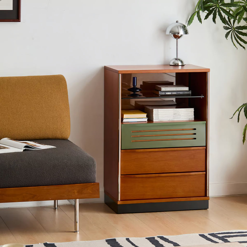 Accent Cabinet with Glass Display Shelf, Mid Century Narrow Storage Cabinet with Three Drawers