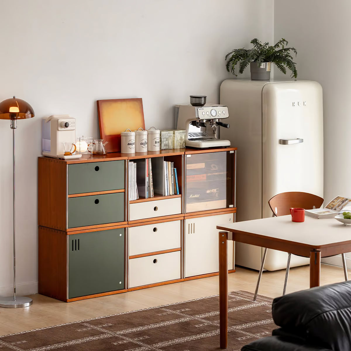 Stackable modular cabinets used as a coffee bar with espresso machine