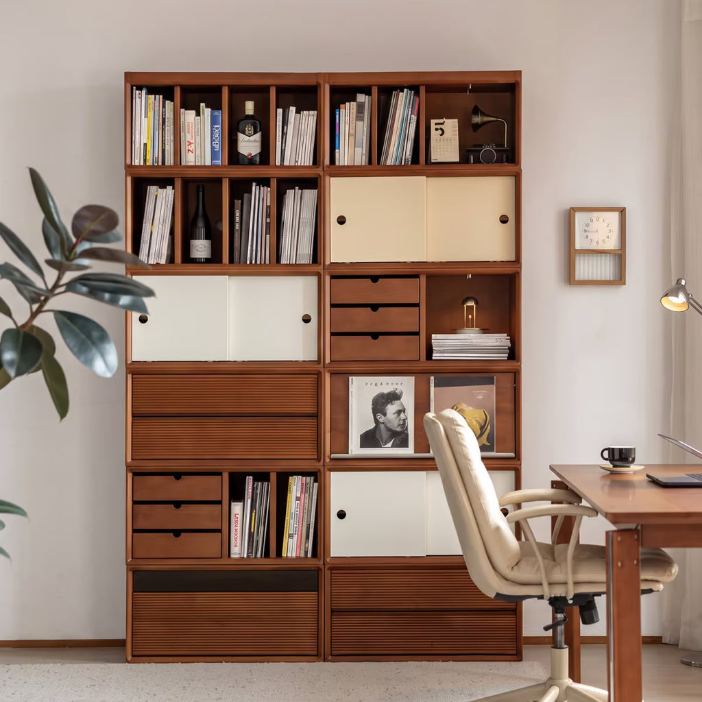 Stackable Modular Bookcase Cube, Low Wood Storage Cabinet with Drawers, Sliding Doors or Record Slots