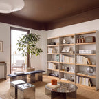 Iso Tall Bookshelf with Drawers, White Oak Veneer and Carbon Steel Open Back Bookcase