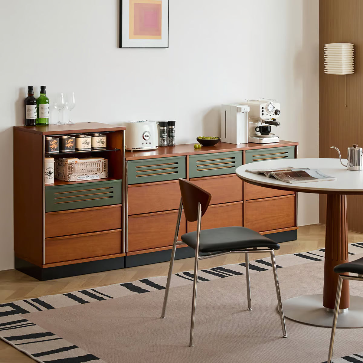 Accent Cabinet with Glass Display Shelf, Mid Century Narrow Storage Cabinet with Three Drawers