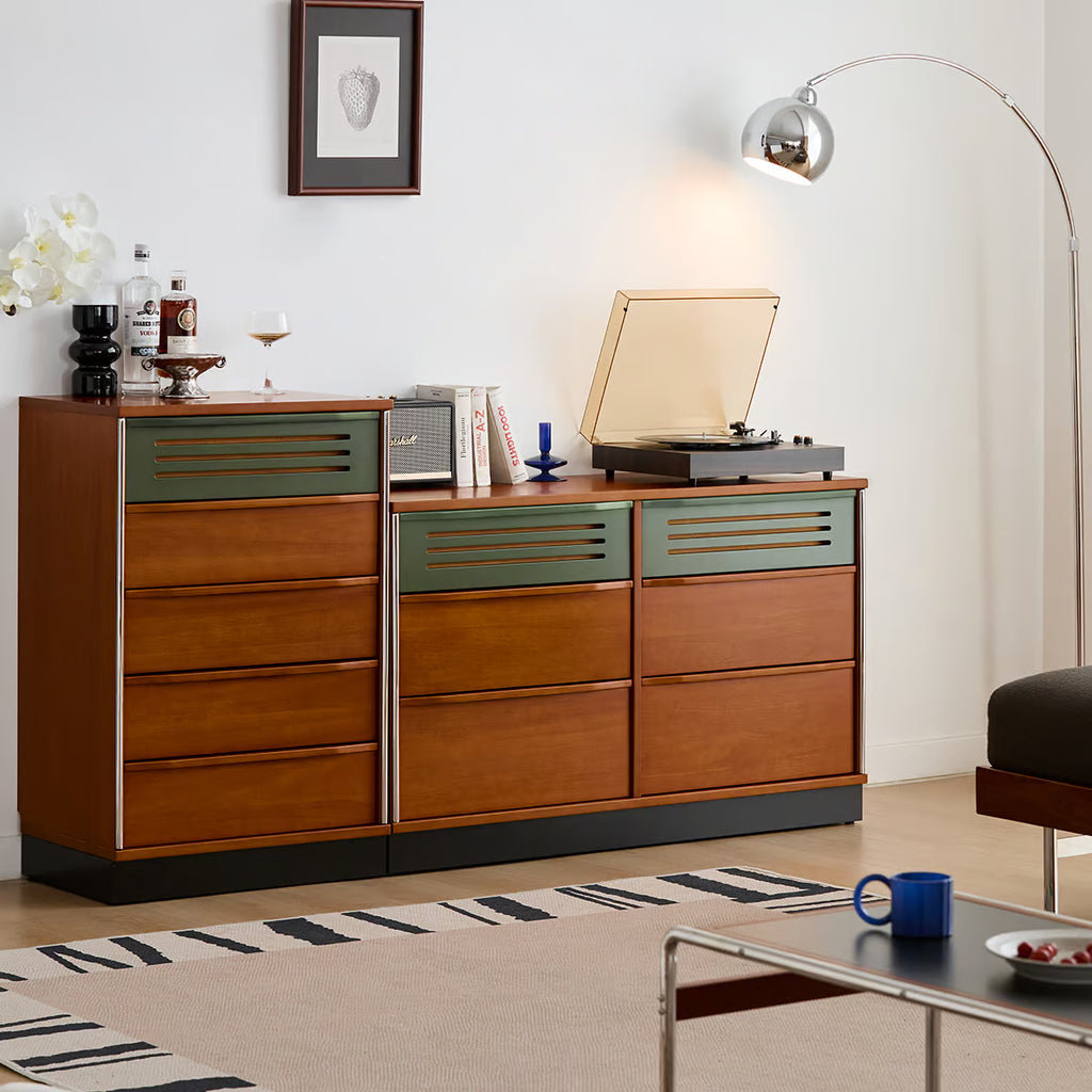 6 Drawer Double Dresser, Mid Century Modern Low Wide Chest of Drawers with Vented Drawer Fronts