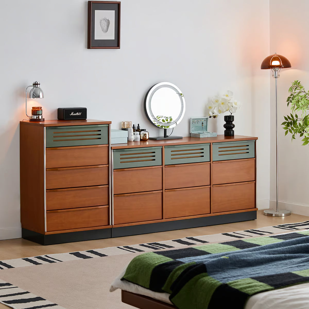 Solid Wood 5 Drawer Dresser, Mid Century Tall Chest of Drawers with Jewelry Tray