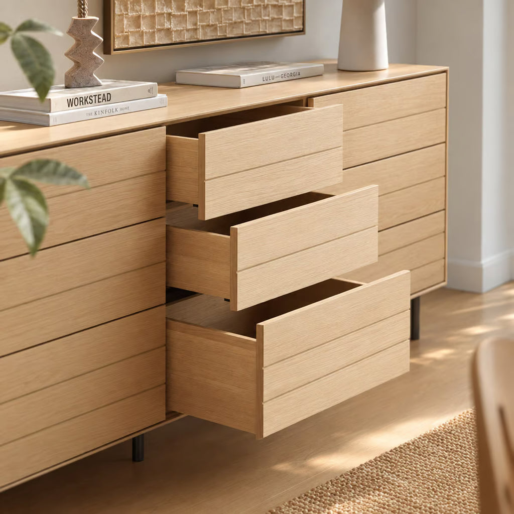 Kelin 9 Drawer Dresser, White Oak Veneer with Steel Legs, 63 Inch Wide