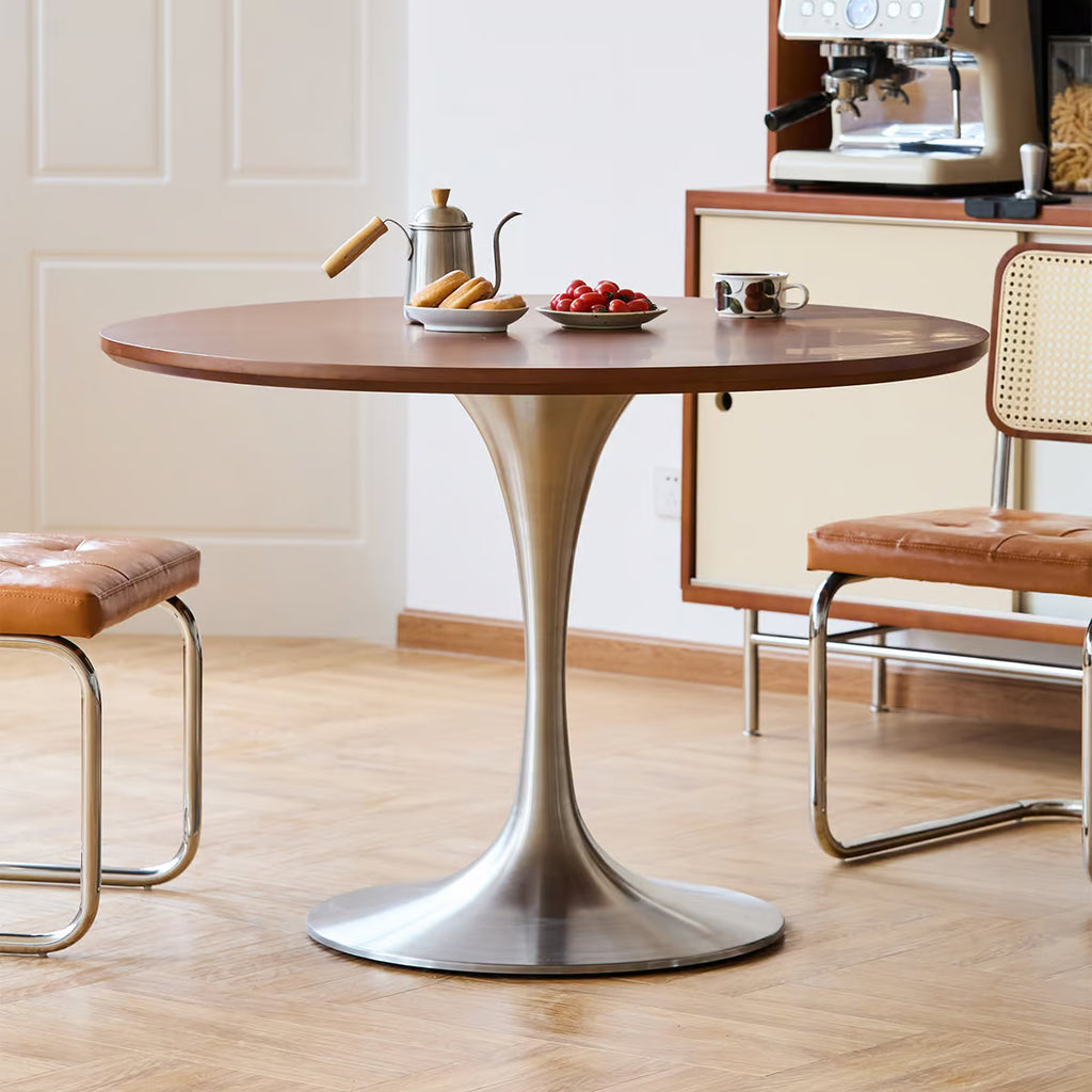 Round Pedestal Dining Table with Tulip Base, Hardwood or White Sintered Stone Top