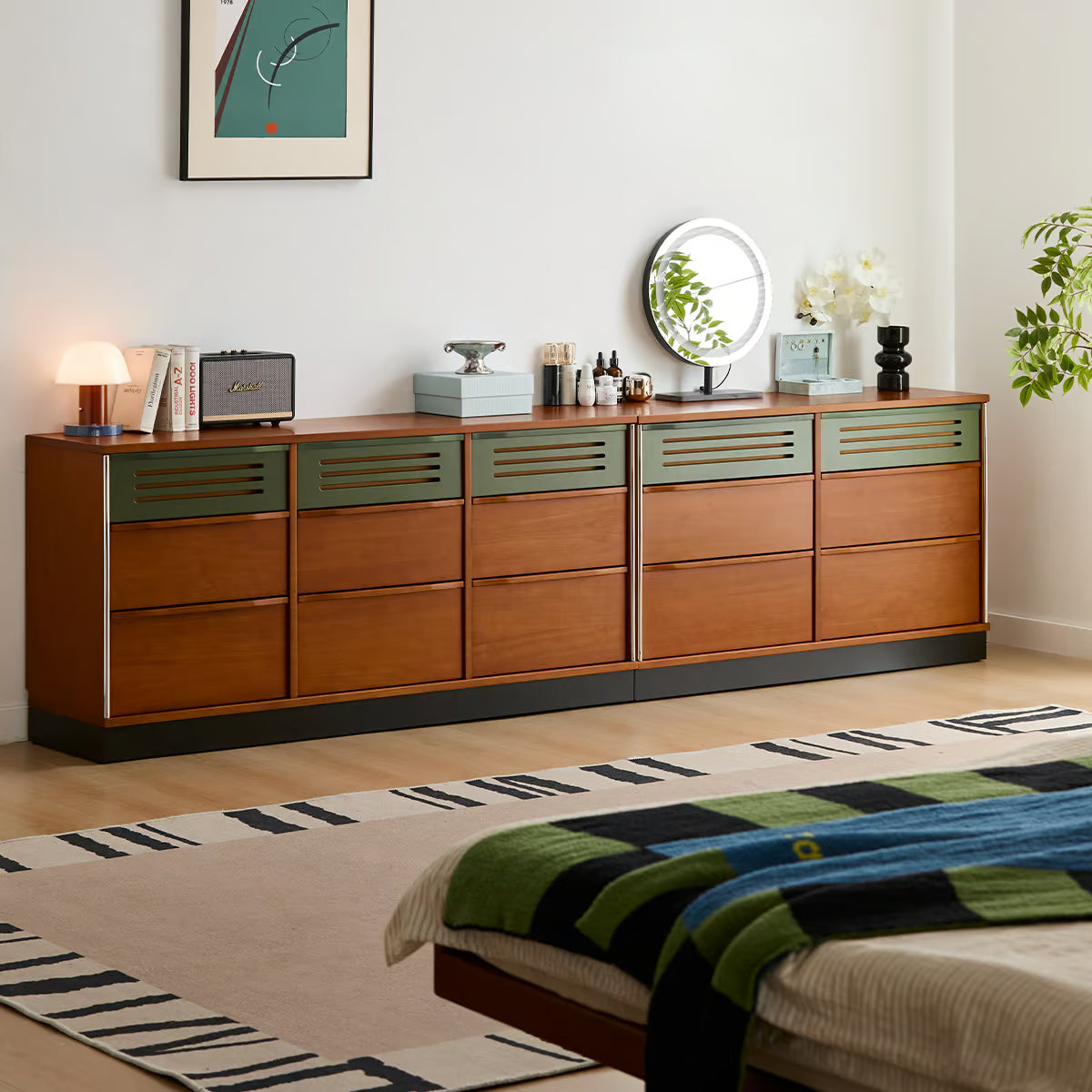 Triple Dresser, Mid Century Modern 59 Inch Bedroom Chest with Nine Drawers and Vented Fronts