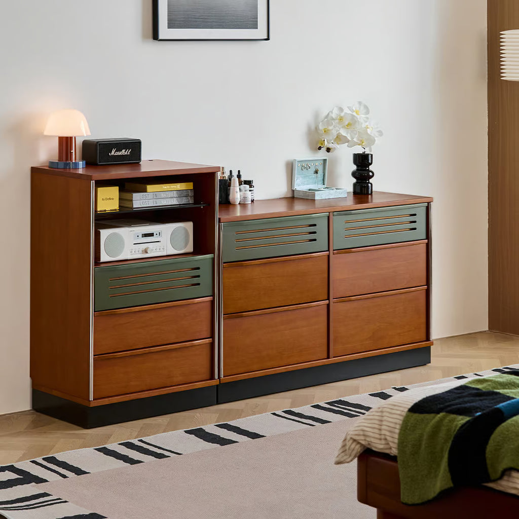 Accent Cabinet with Glass Display Shelf, Mid Century Narrow Storage Cabinet with Three Drawers