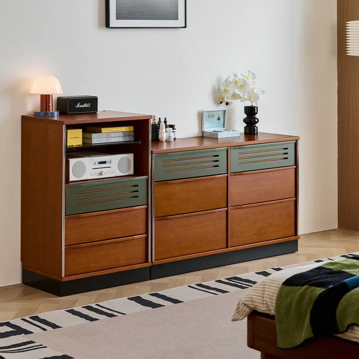 Accent Cabinet with Glass Display Shelf, Mid Century Narrow Storage Cabinet with Three Drawers