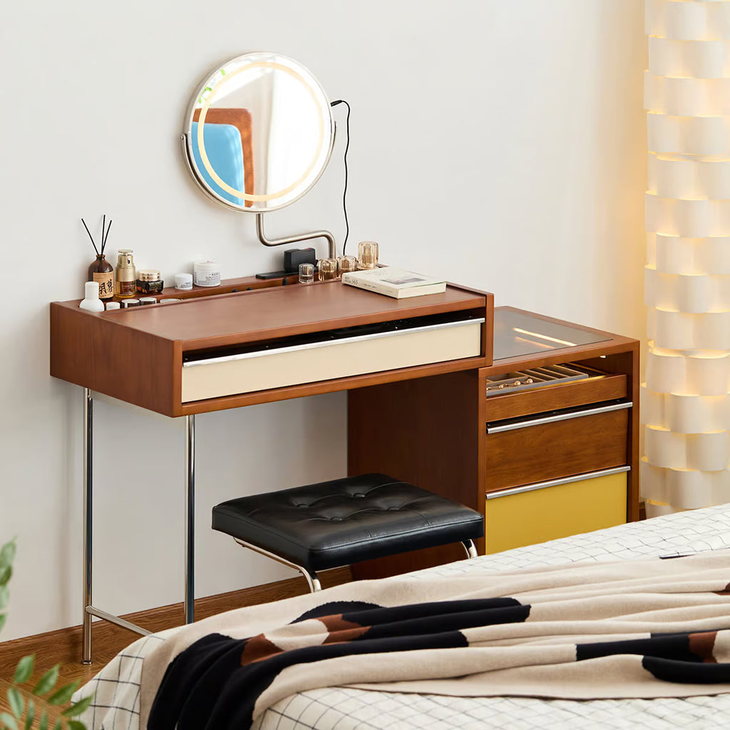 Extendable Makeup Vanity Desk with Lighted Mirror, Bedroom Vanity and Nightstand Combo with Jewelry Storage