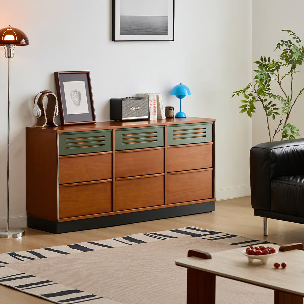 Triple Dresser, Mid Century Modern 59 Inch Bedroom Chest with Nine Drawers and Vented Fronts