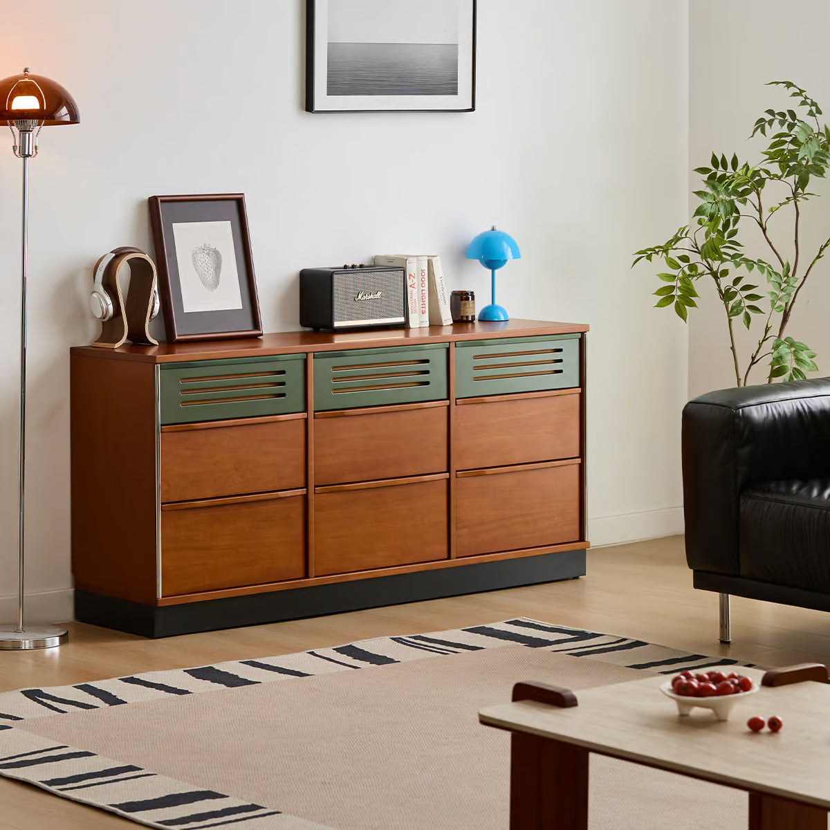 Triple Dresser, Mid Century Modern 59 Inch Bedroom Chest with Nine Drawers and Vented Fronts