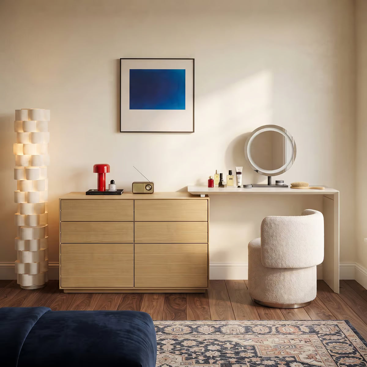 Moey Dresser Desk Combo, 3/6 Drawer White Oak Veneer Dresser with Rotating Vanity Top