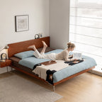 Solid Wood Bed Frame with Adjustable Headboard and Metal Legs, Walnut or Vintage Brown