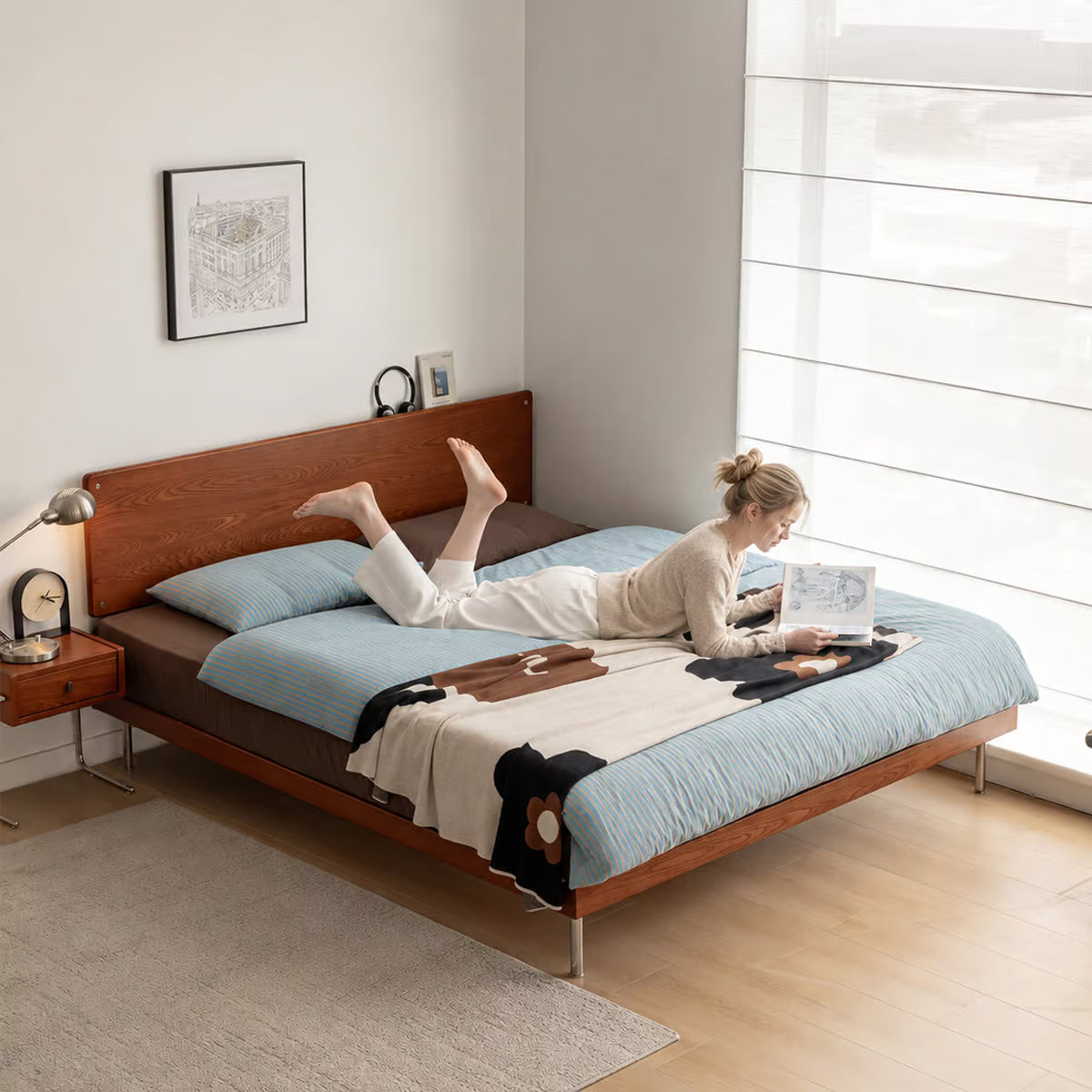 Solid Wood Bed Frame with Adjustable Headboard and Metal Legs, Walnut or Vintage Brown
