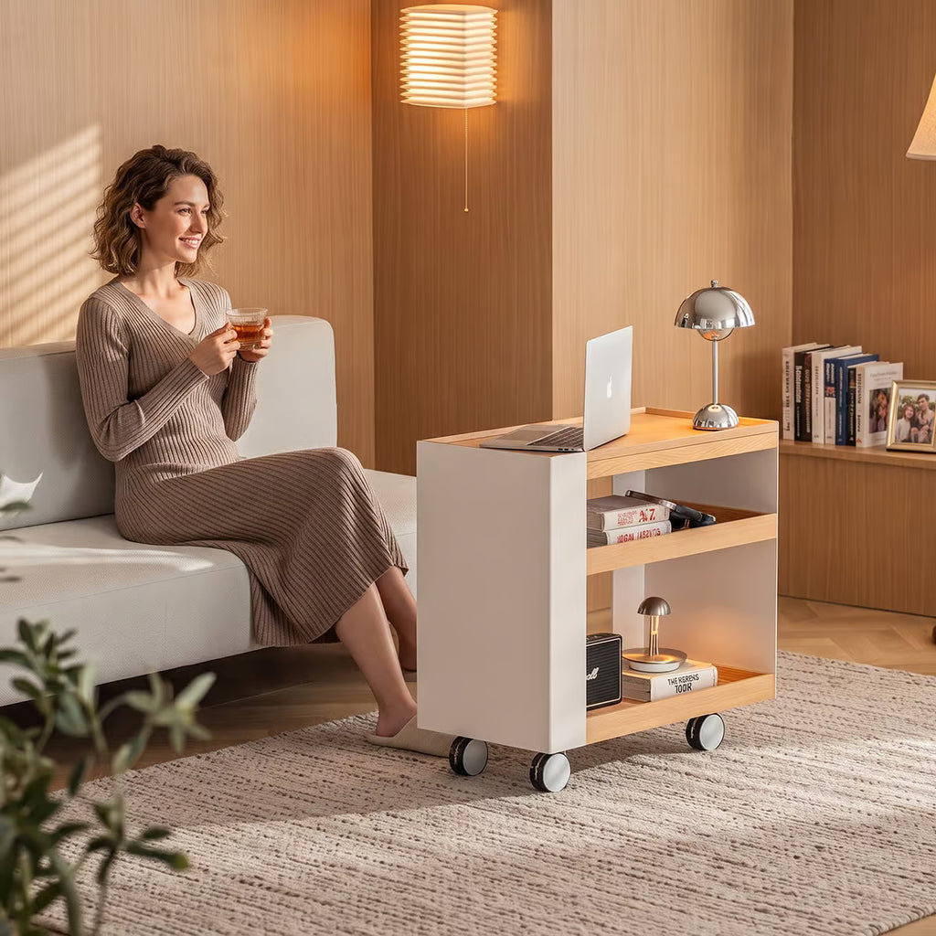 Airi Rolling Side Table with Storage, Wood Bar Cart on Wheels with Hidden Sintered Stone Top and Steel Side Panels