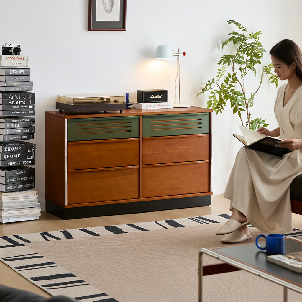 6 Drawer Double Dresser, Mid Century Modern Low Wide Chest of Drawers with Vented Drawer Fronts