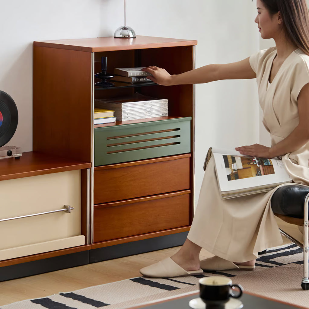 Accent Cabinet with Glass Display Shelf, Mid Century Narrow Storage Cabinet with Three Drawers