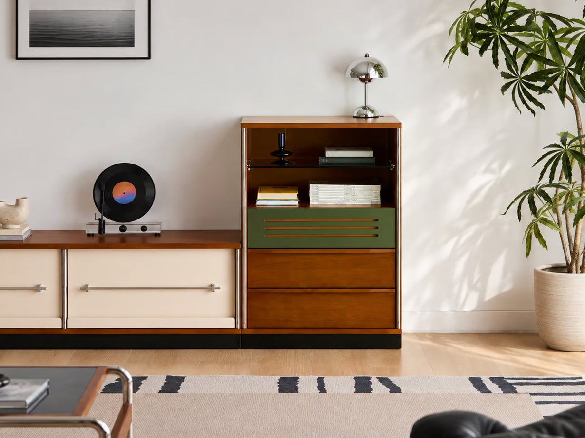 One cabinet, a whole new room. Mid century color blocking with real depth.