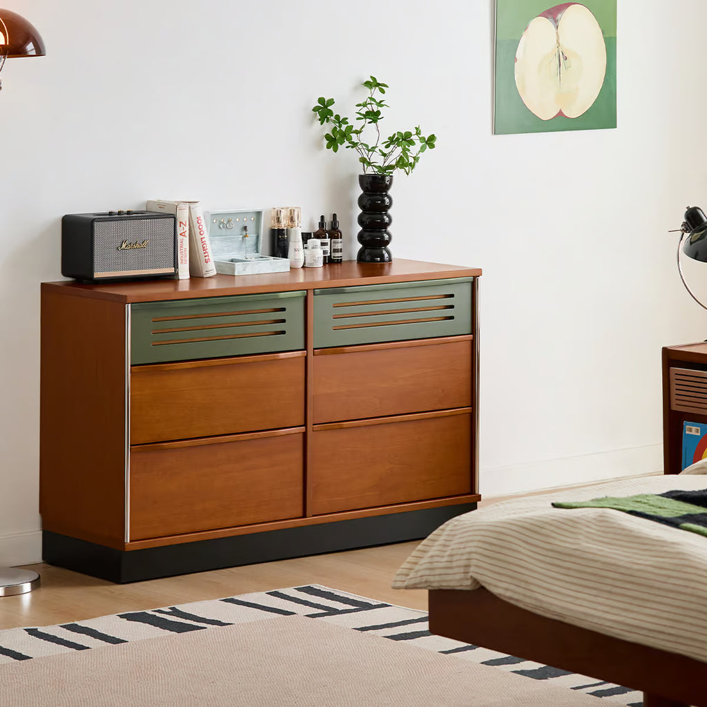 6 Drawer Double Dresser, Mid Century Modern Low Wide Chest of Drawers with Vented Drawer Fronts