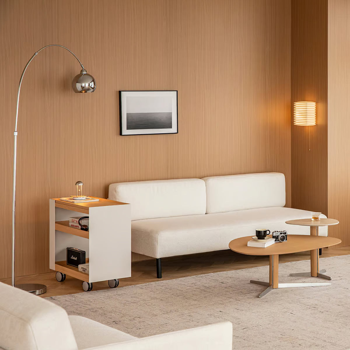 Airi Rolling Side Table with Storage, Wood Bar Cart on Wheels with Hidden Sintered Stone Top and Steel Side Panels