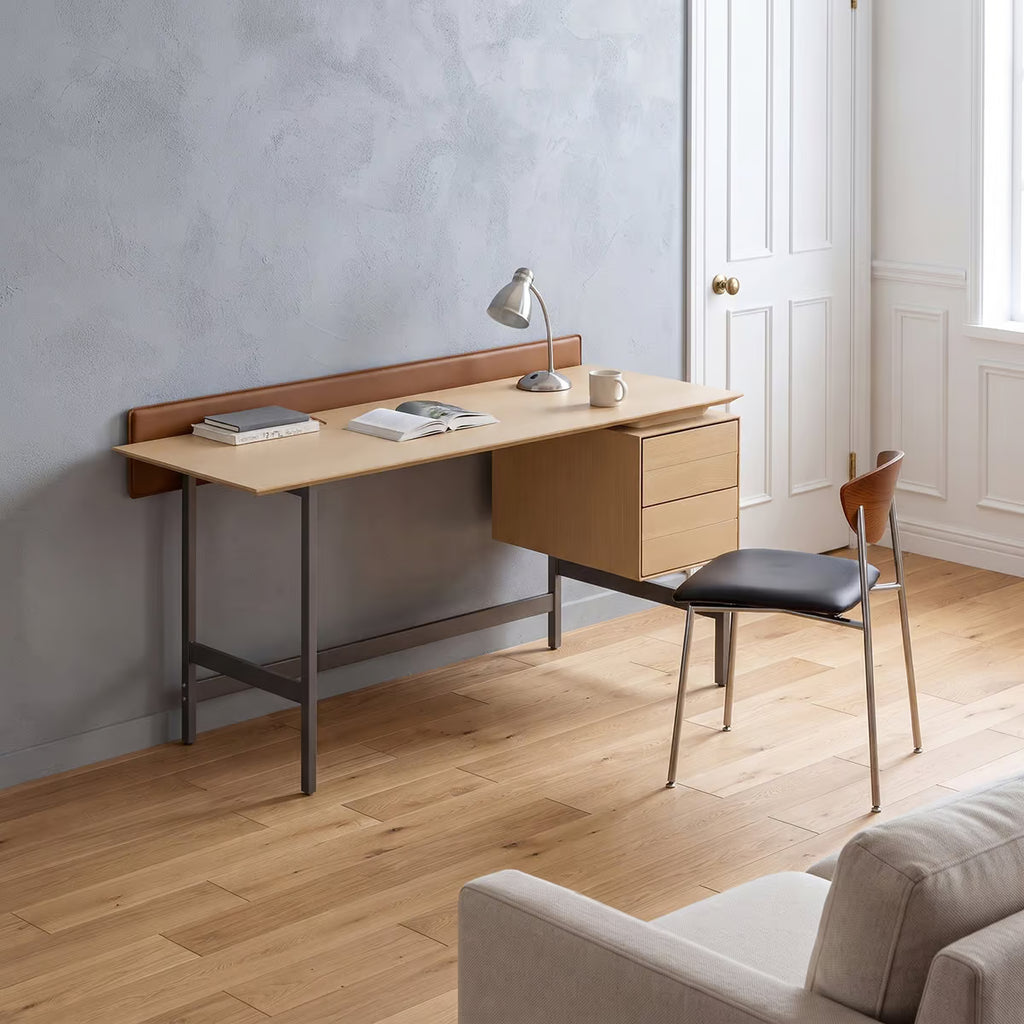 Albo Writing Desk with Drawers, White Oak Veneer Top with Brushed Steel Frame